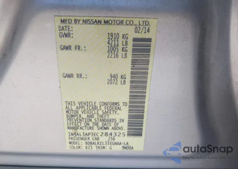 2014 Nissan Altima 2.5 S from USA, damaged, VIN 1N4AL3AP3EC284325